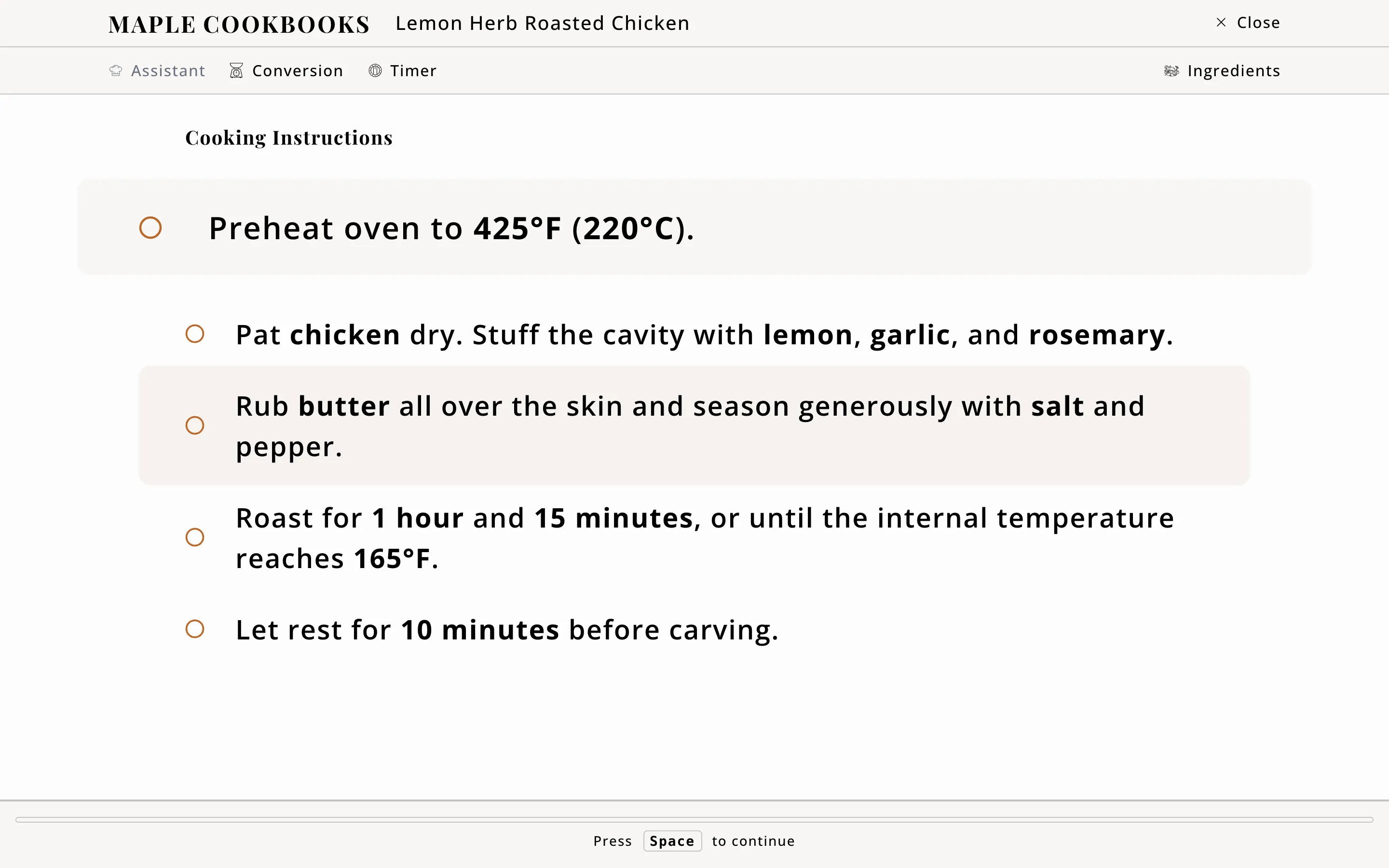 Maple Cookbooks cooking mode showing one highlighted step of a roast chicken recipe