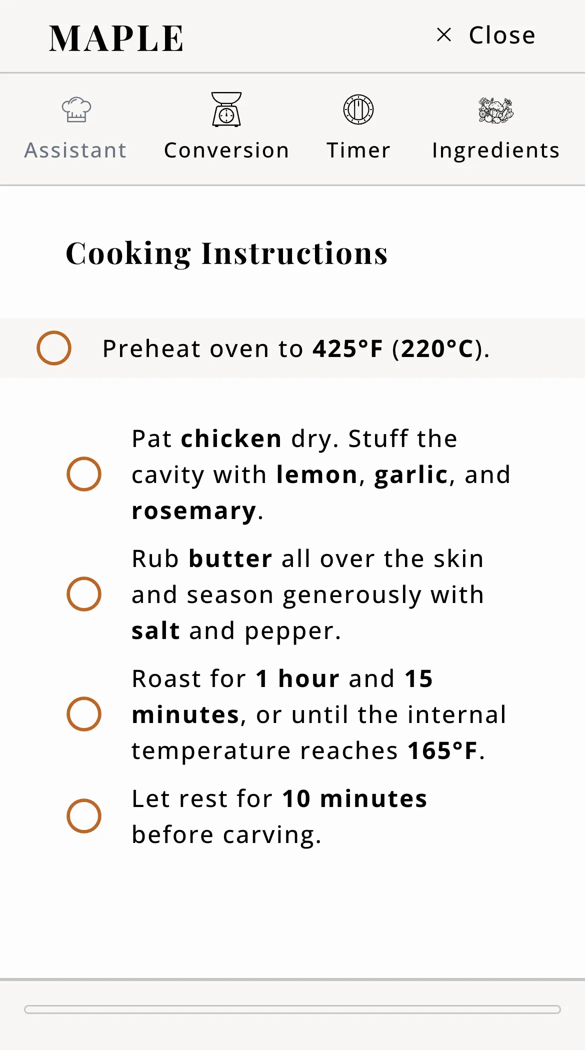 Cooking mode on a phone, with step-by-step instructions