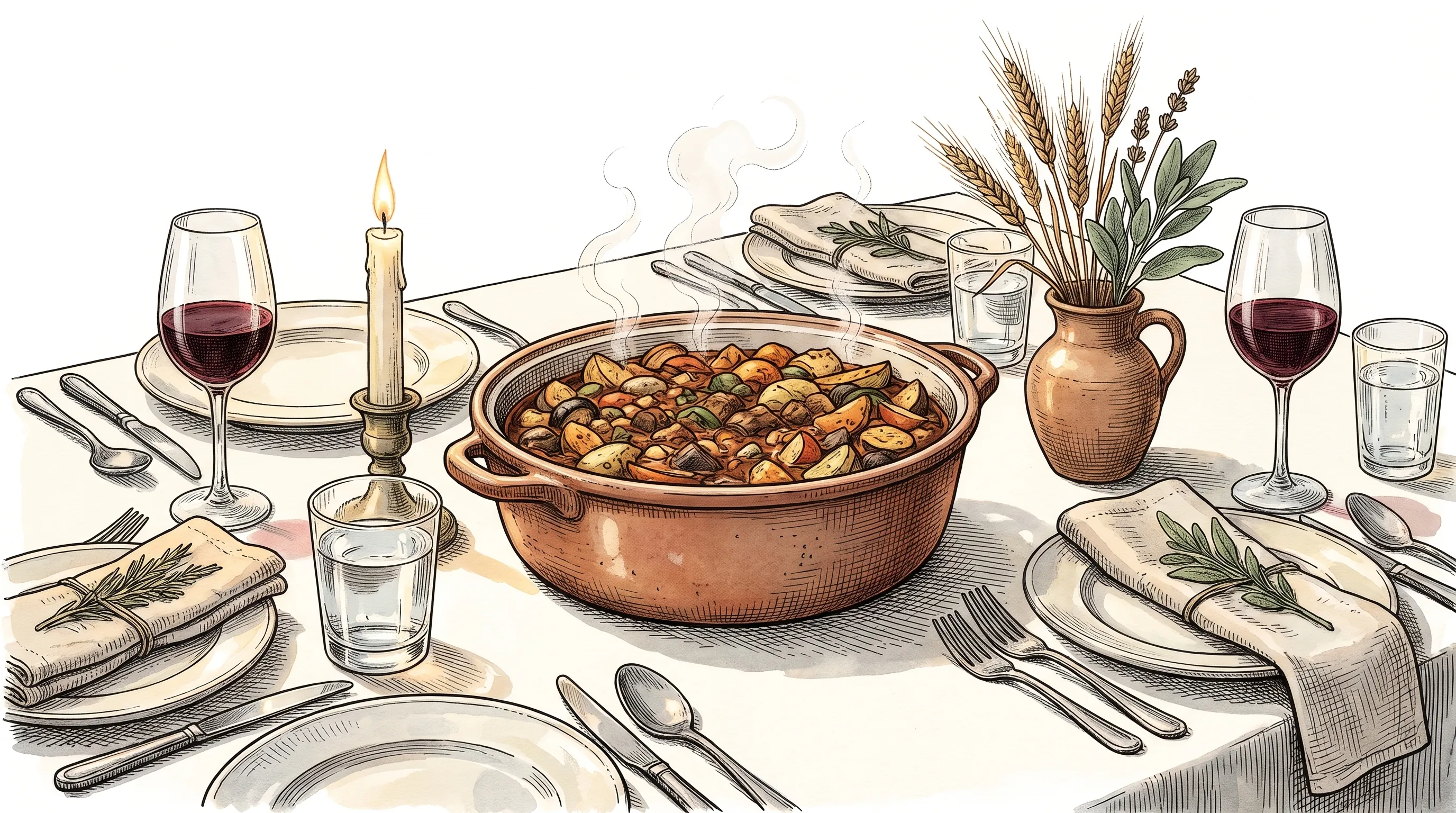 Hand-drawn illustration of a warmly set dinner table with a steaming pot, lit candle, and glasses of wine