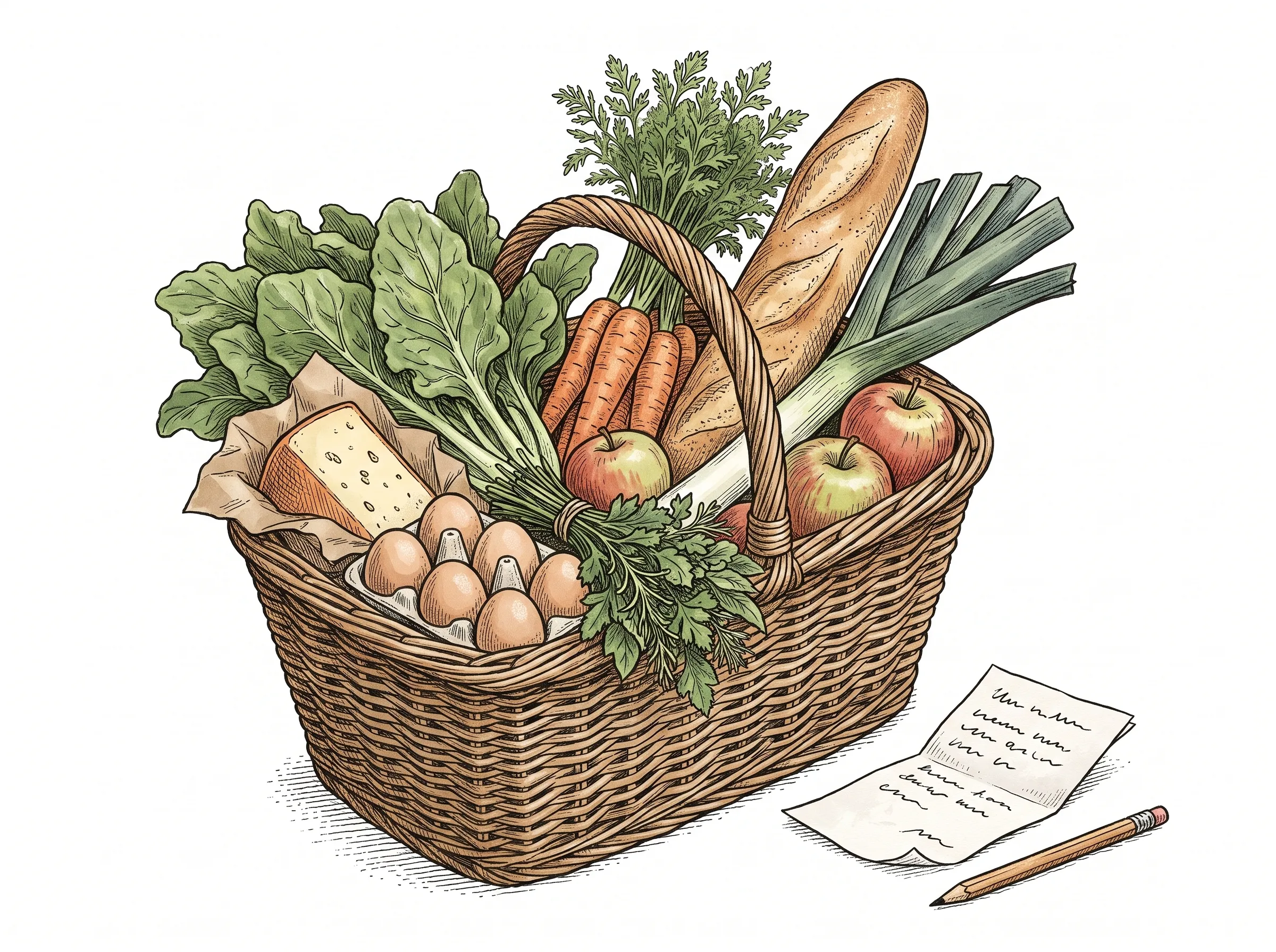 Hand-drawn illustration of a market basket full of fresh groceries beside a handwritten shopping list
