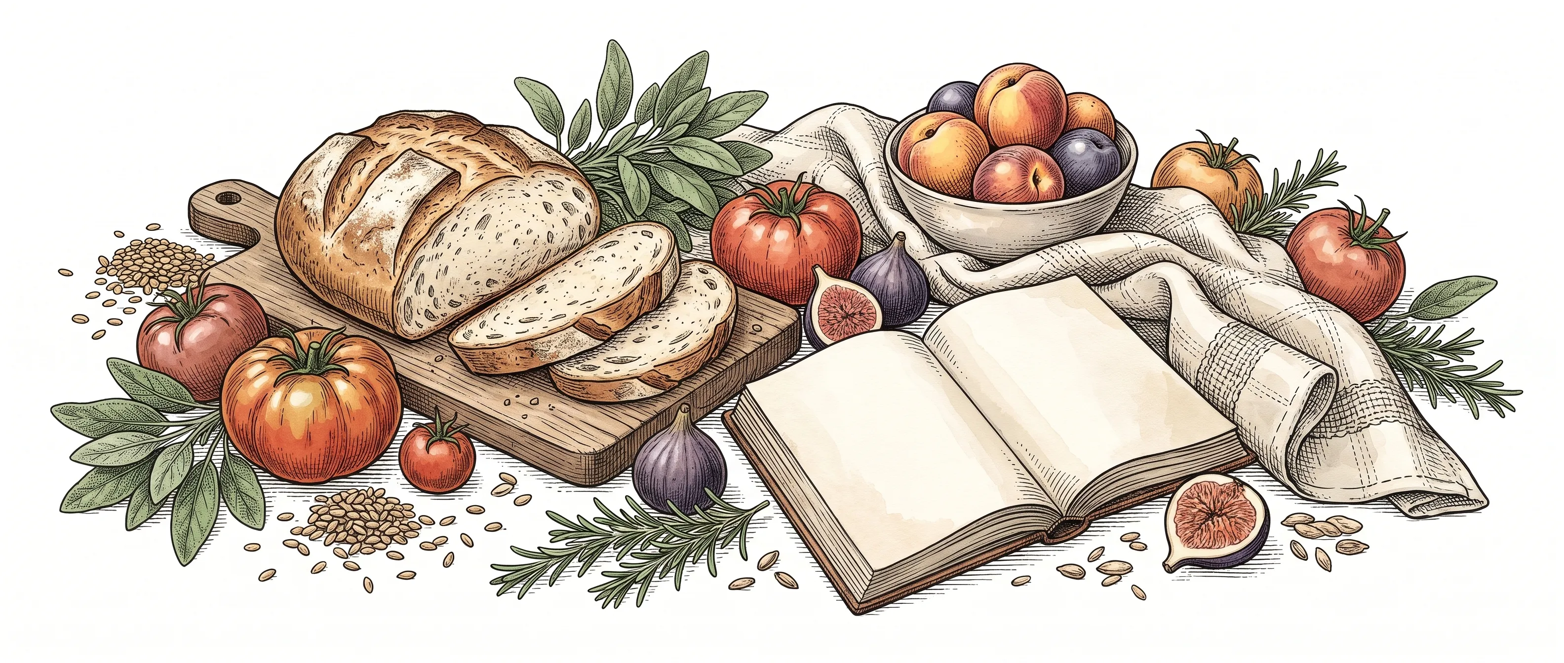 Hand-drawn illustration of a farmhouse table laid with fresh bread, tomatoes, figs, herbs, and an open cookbook