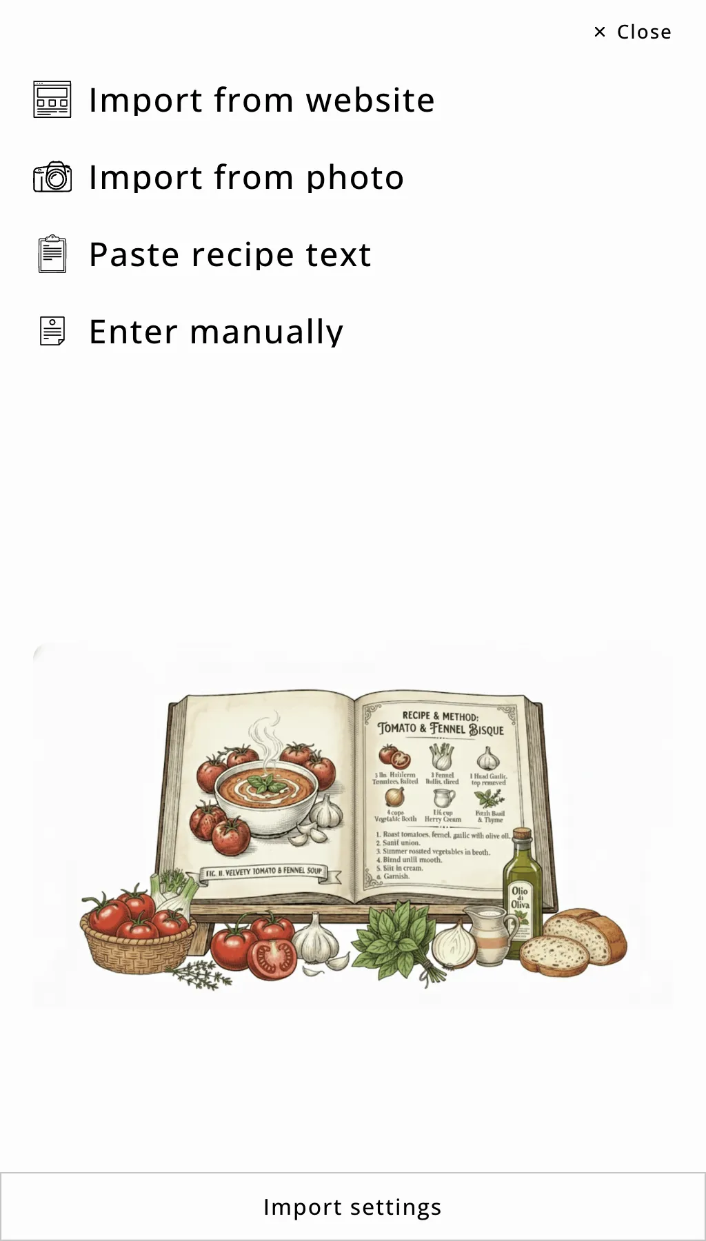 The Maple Cookbooks import menu: import from website, import from photo, paste recipe text, or enter manually