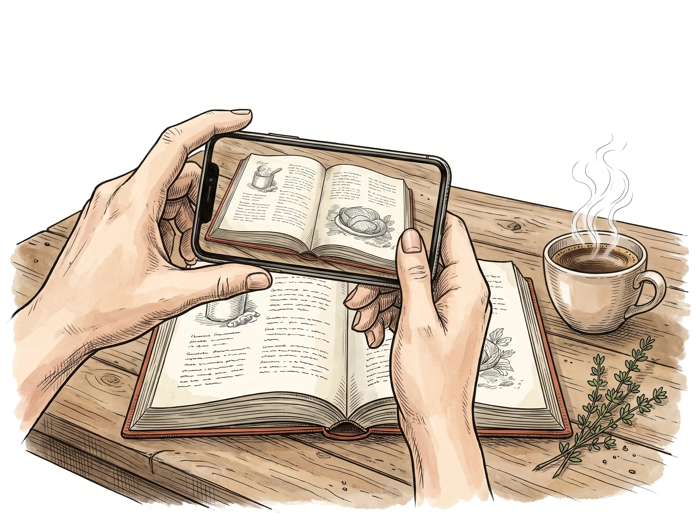 Hand-drawn illustration of hands photographing an open cookbook with a phone
