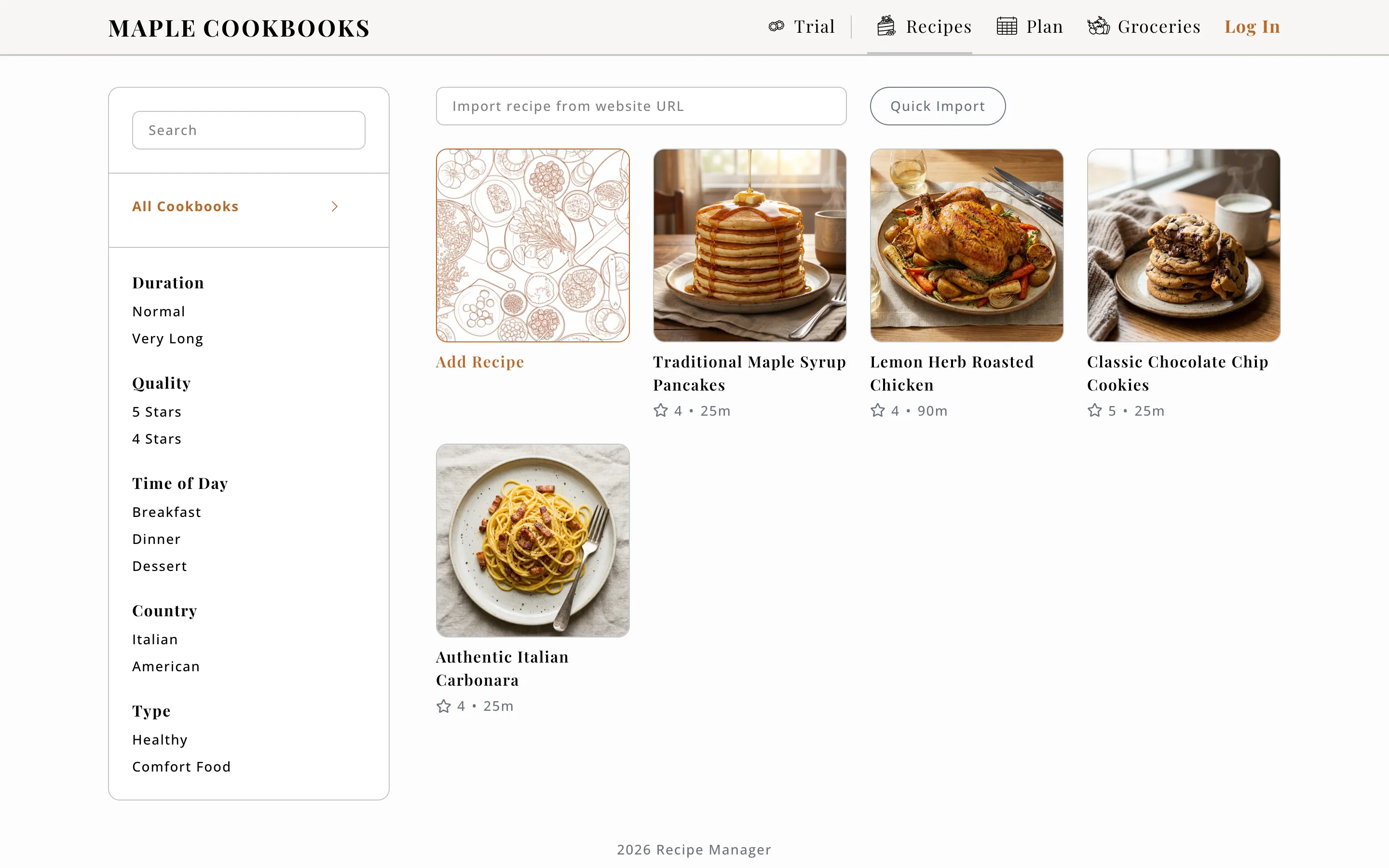 The Maple Cookbooks recipe library: a warm grid of recipe photos with cookbook filters alongside
