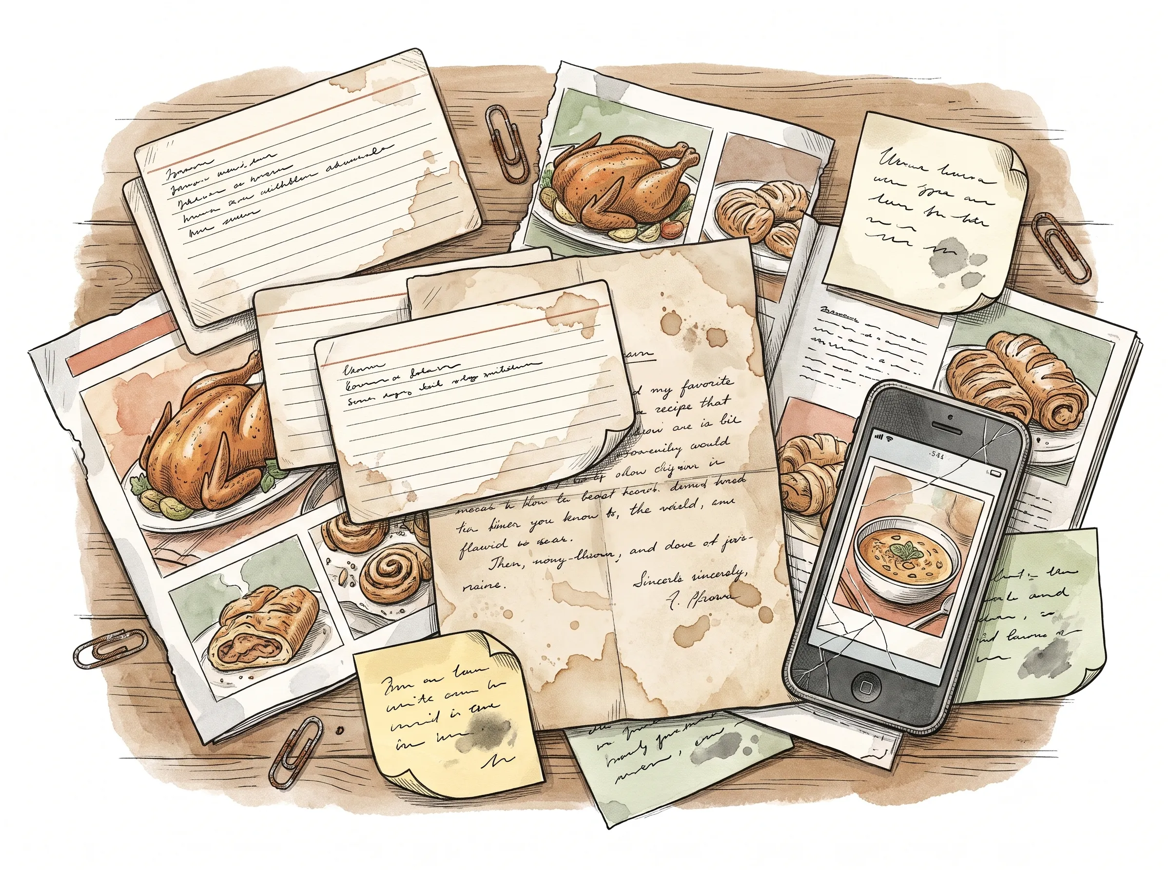 Hand-drawn illustration of scattered recipe cards, sticky notes, magazine clippings, and a phone showing a photographed dish