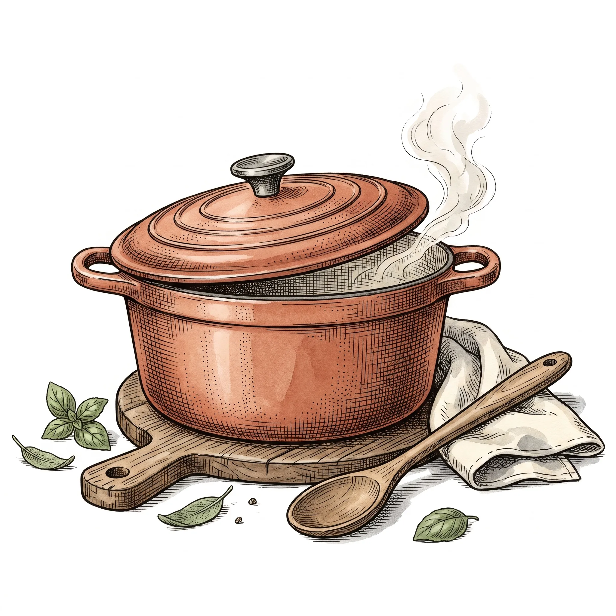 Hand-drawn illustration of a steaming pot on a wooden board